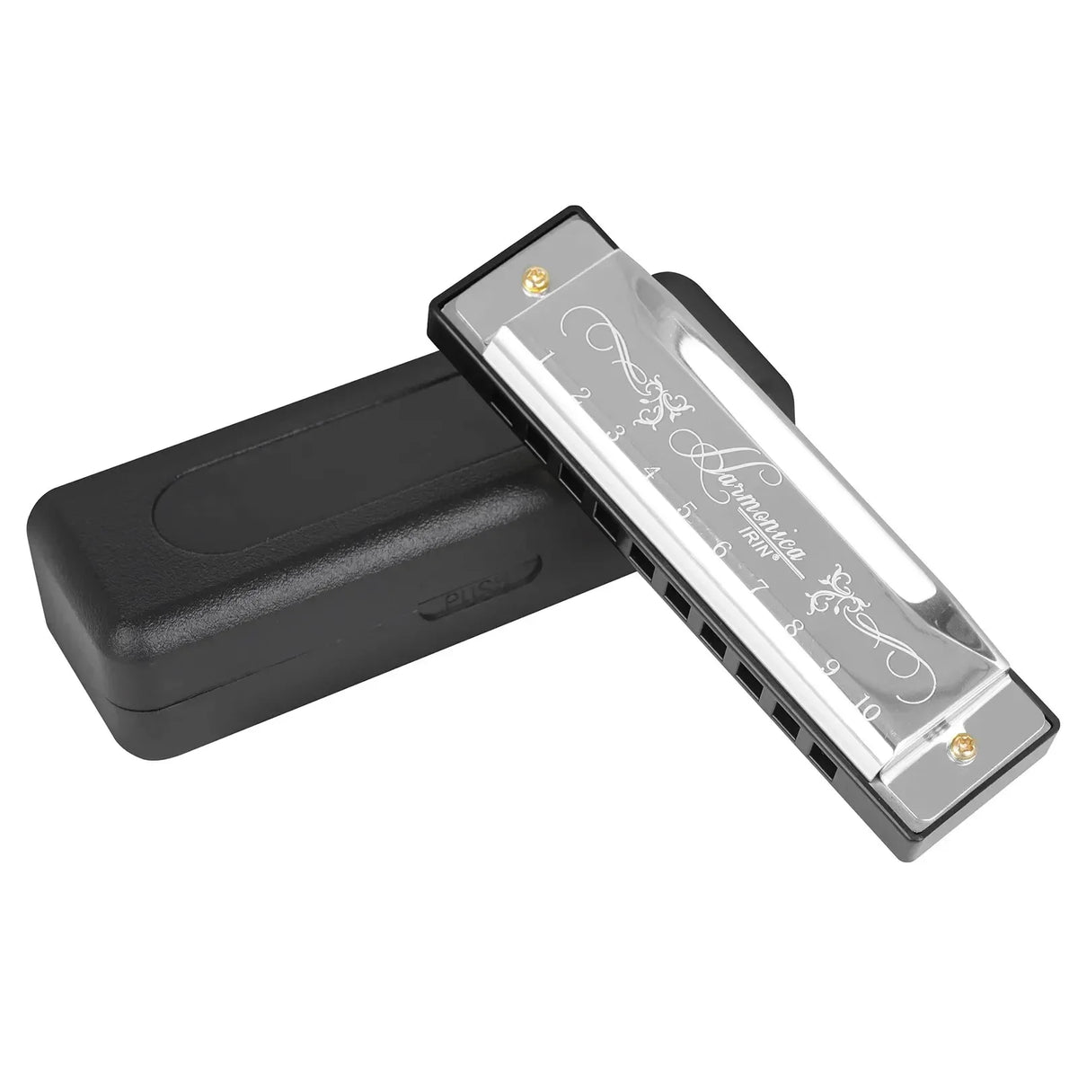 A black case holding a silver 10-hole harmonica for beginners.