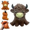 A brown silicone squishy toy shaped like a Highland cow, shown from the front and side.