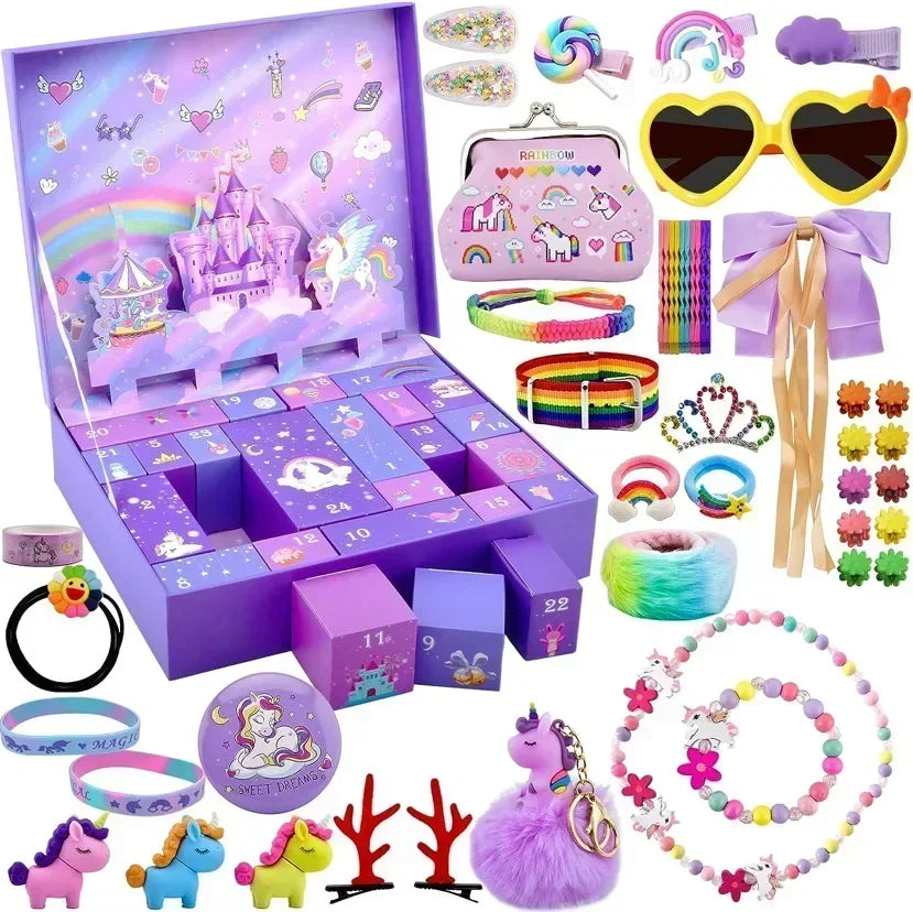 A colorful advent calendar box filled with 24 days of mermaid-themed jewelry and accessories.