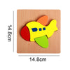 A wooden shape puzzle for kids featuring a colorful yellow airplane with red, blue, and green parts.