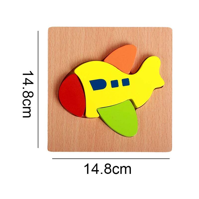A wooden shape puzzle for kids featuring a colorful yellow airplane with red, blue, and green parts.