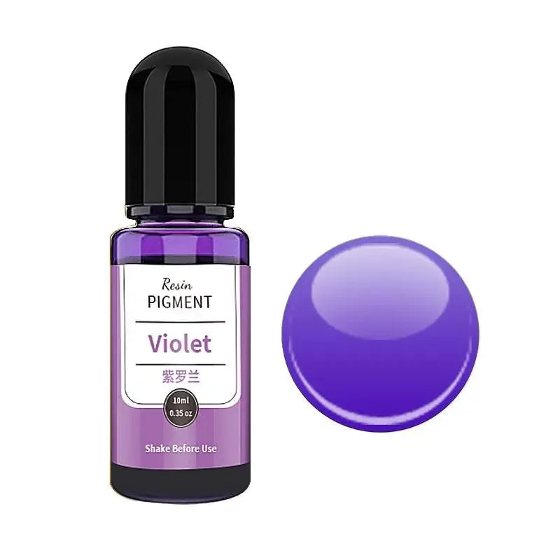 A dark purple glass bottle of Resin Pigment with a black cap next to a round purple pigment disk.