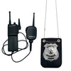 A black police costume accessory set featuring a walkie-talkie and a badge on a lanyard.