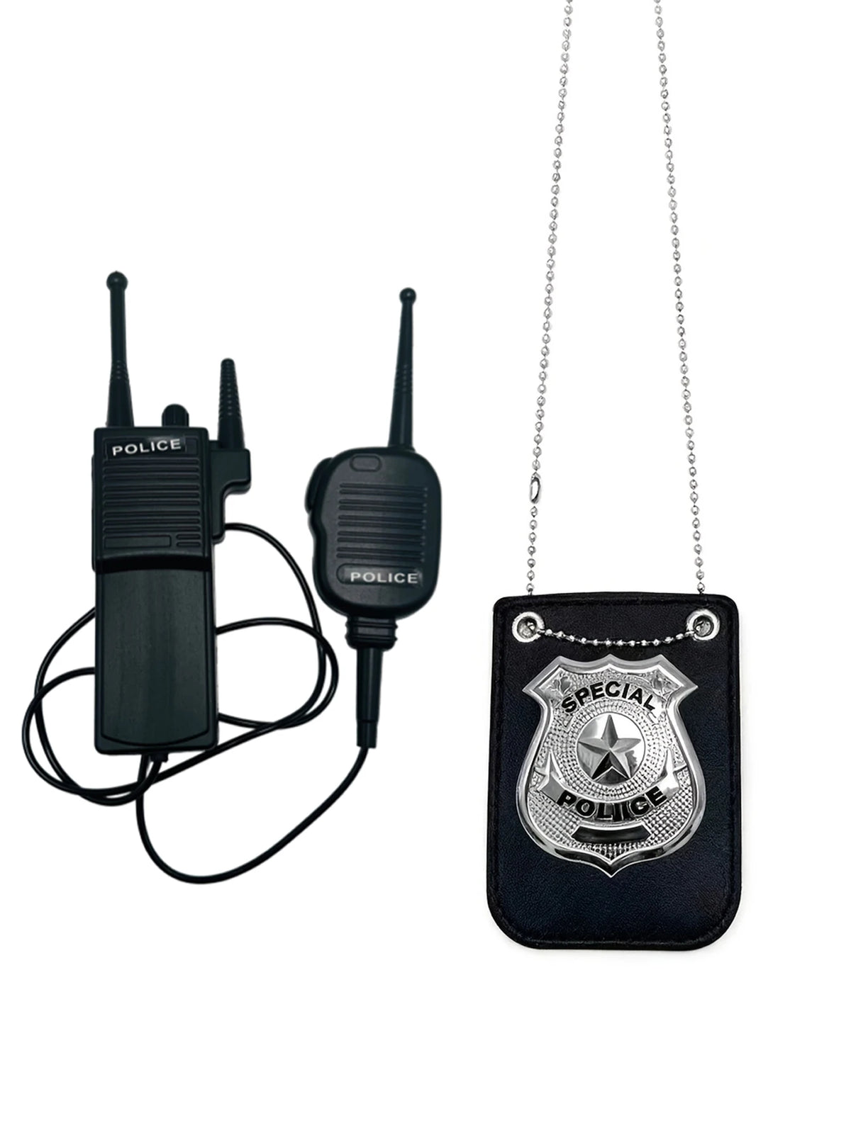 A black police costume accessory set featuring a walkie-talkie and a badge on a lanyard.