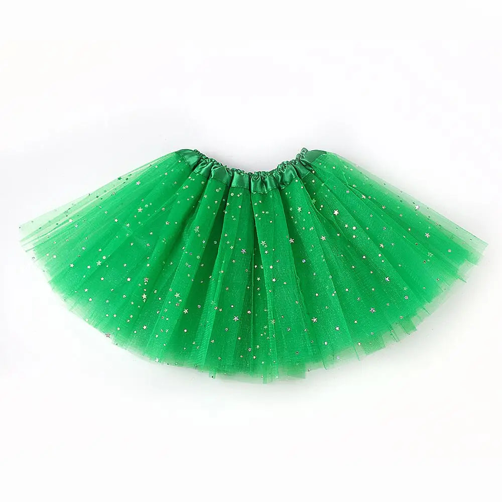 A green tulle tutu dress for girls with sparkling gold stars.