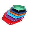 A set of colorful foldable PU leather hexagonal dice trays in various shades including green, blue, orange, and purple.