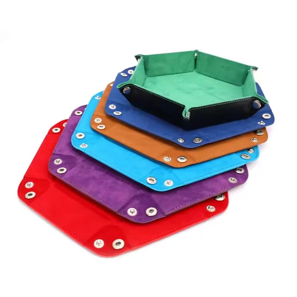 A set of colorful foldable PU leather hexagonal dice trays in various shades including green, blue, orange, and purple.