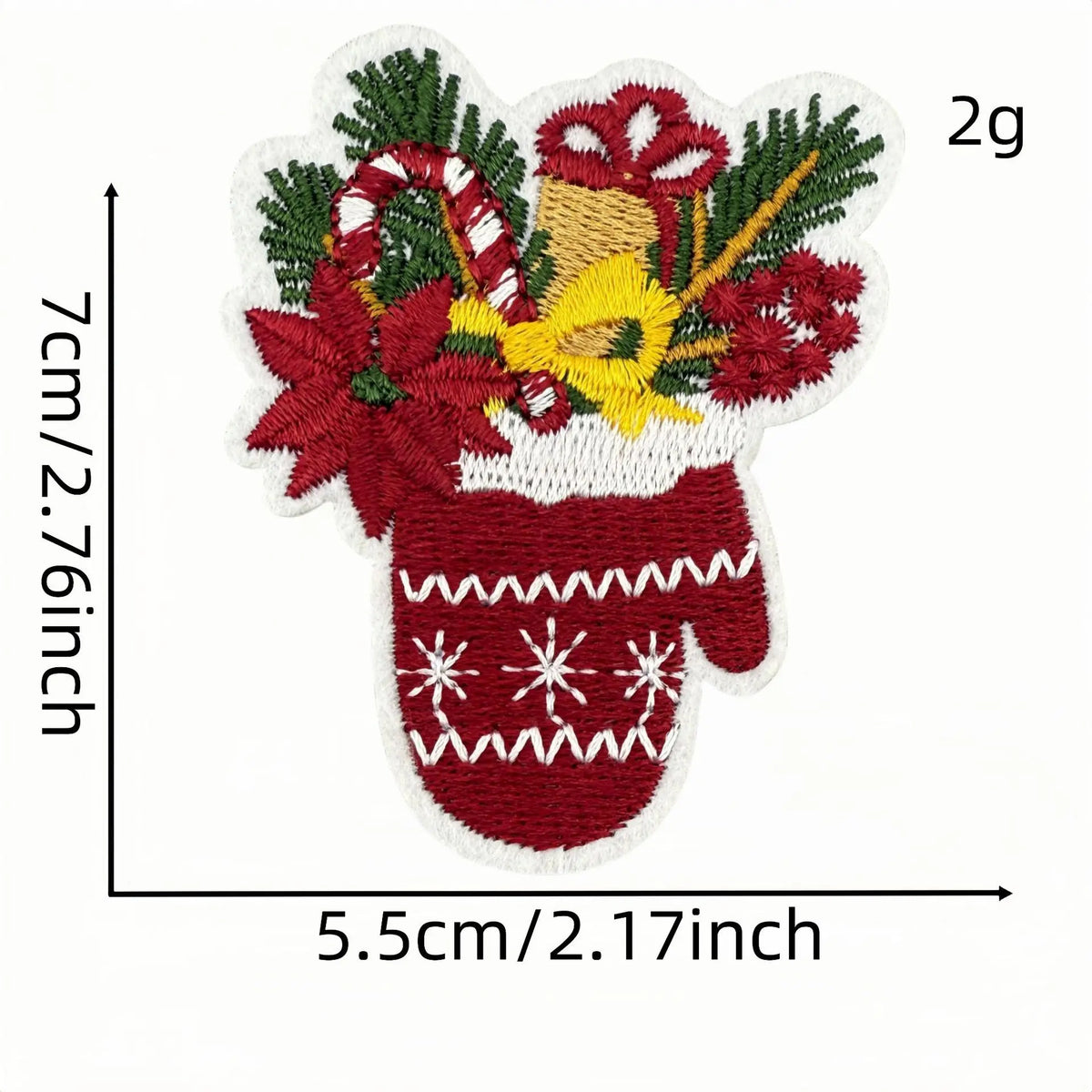 A festive cartoon character iron-on patch depicting a red Christmas stocking with green holly and a yellow bow.