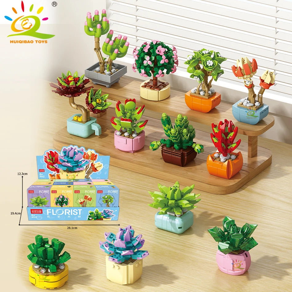 A set of DIY flower succulent building blocks in various colors and sizes displayed on a wooden surface.