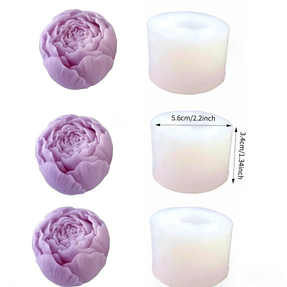 A set of three 3D cat resin molds in lilac color showing various stages and finished forms for keychains, pendants, and pen h