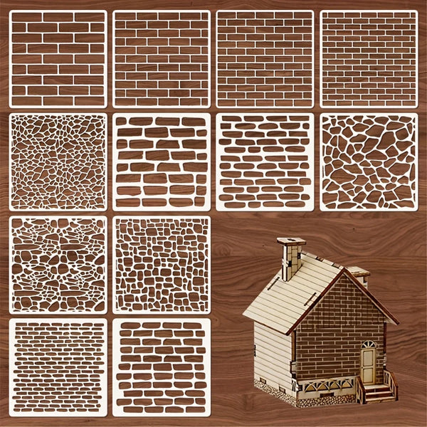 A collection of reusable stencils showing various brick and stone patterns for DIY art projects.