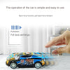 A blue and yellow diecast alloy racing car is shown with a hand demonstrating the back force function.