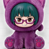 A purple cat-eared plush pendant featuring an anime character with teal hair and glasses.