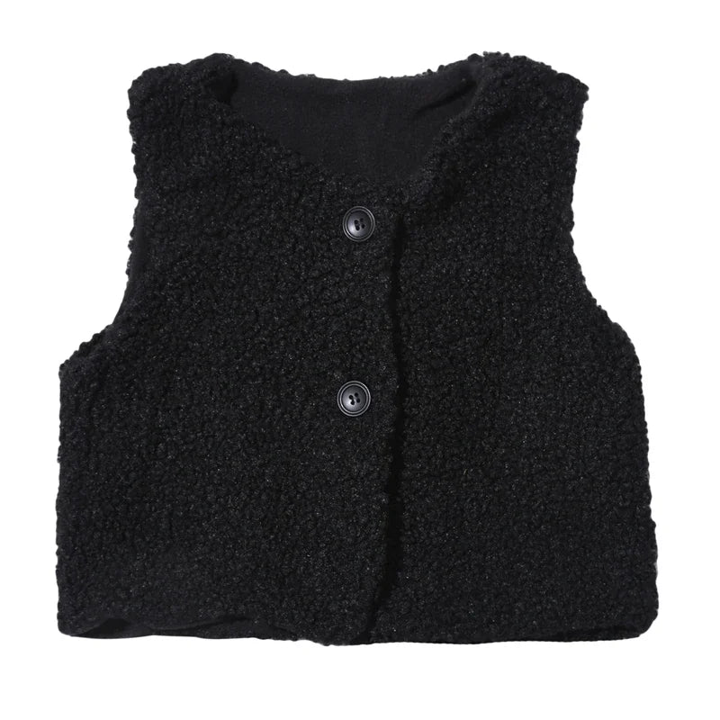 Black plush fleece vest for kids, a warm and cozy sleeveless jacket.
