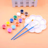 A collection of twelve colored acrylic paint pots and brushes arranged on a light orange background.