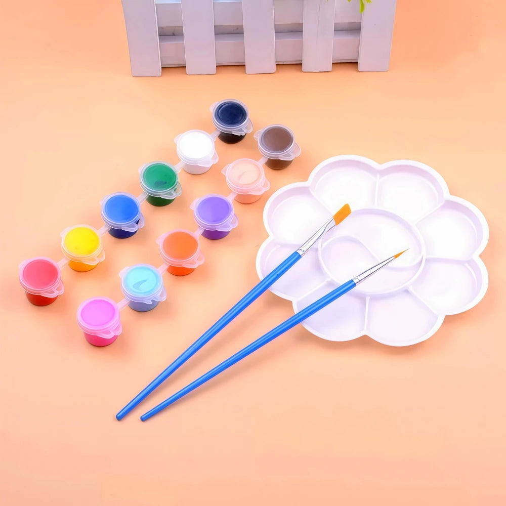 A collection of twelve colored acrylic paint pots and brushes arranged on a light orange background.