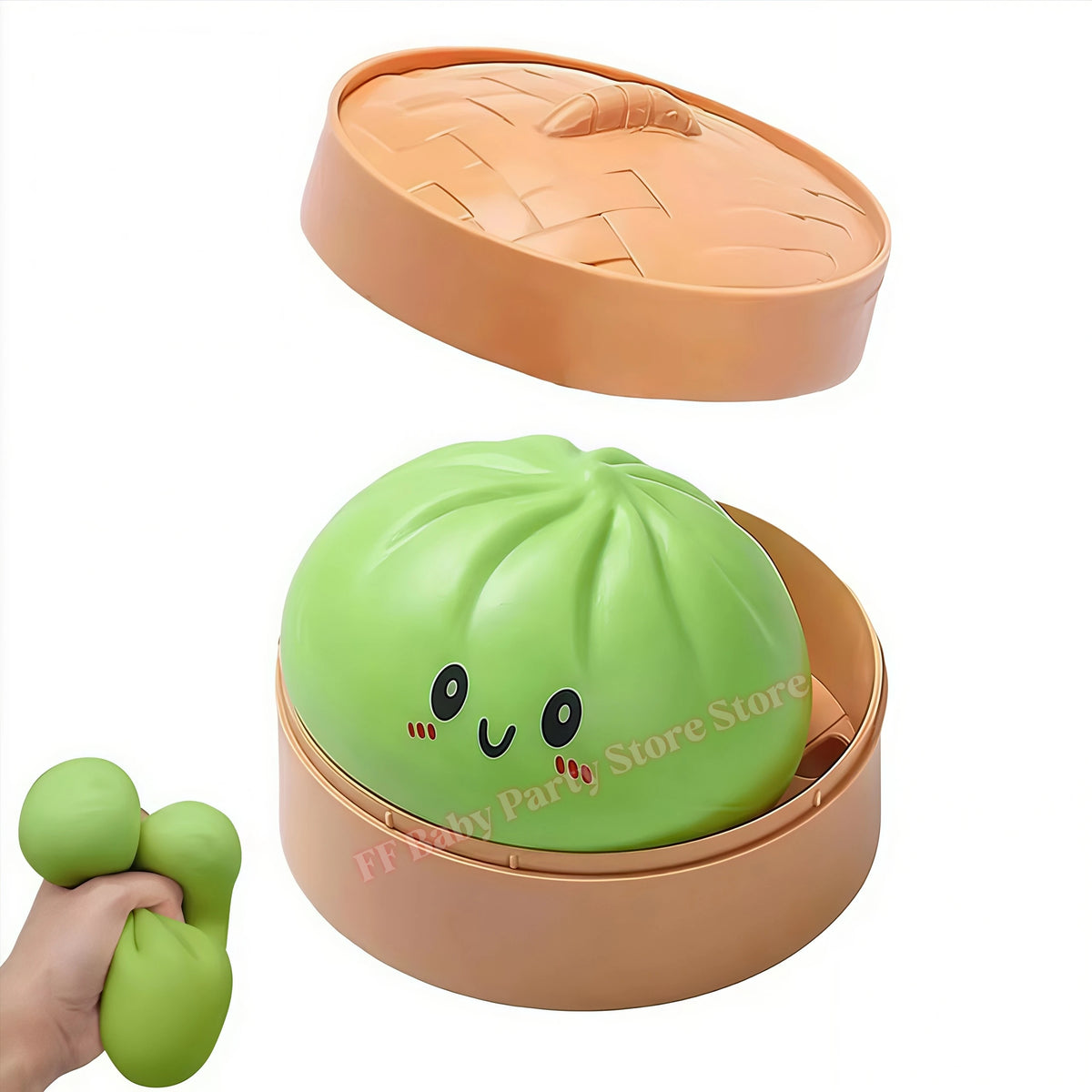 A light green squishy toy shaped like a cactus is shown in its open box with a lid.