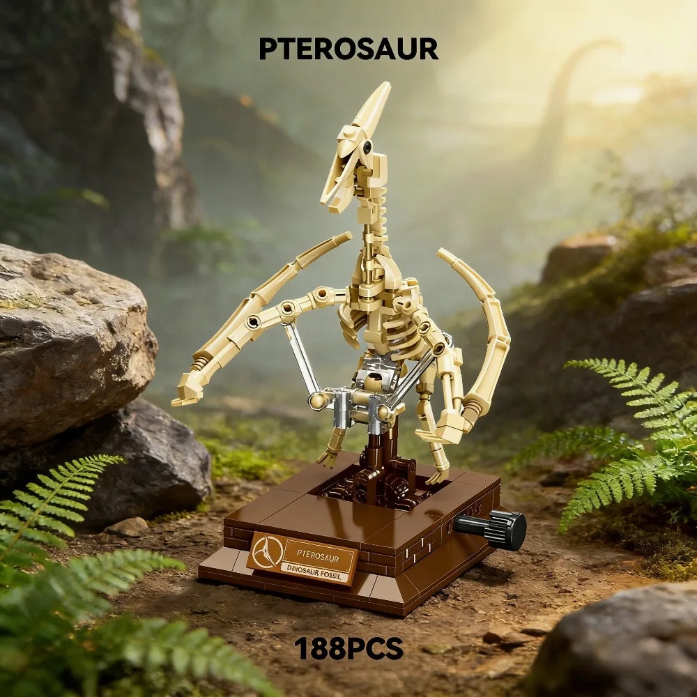 A detailed yellow pterosaur dinosaur model built from building blocks displayed in a natural outdoor setting.