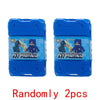 Two blue plastic figures of Minecraft Steve with a purple hoodie and black pants.