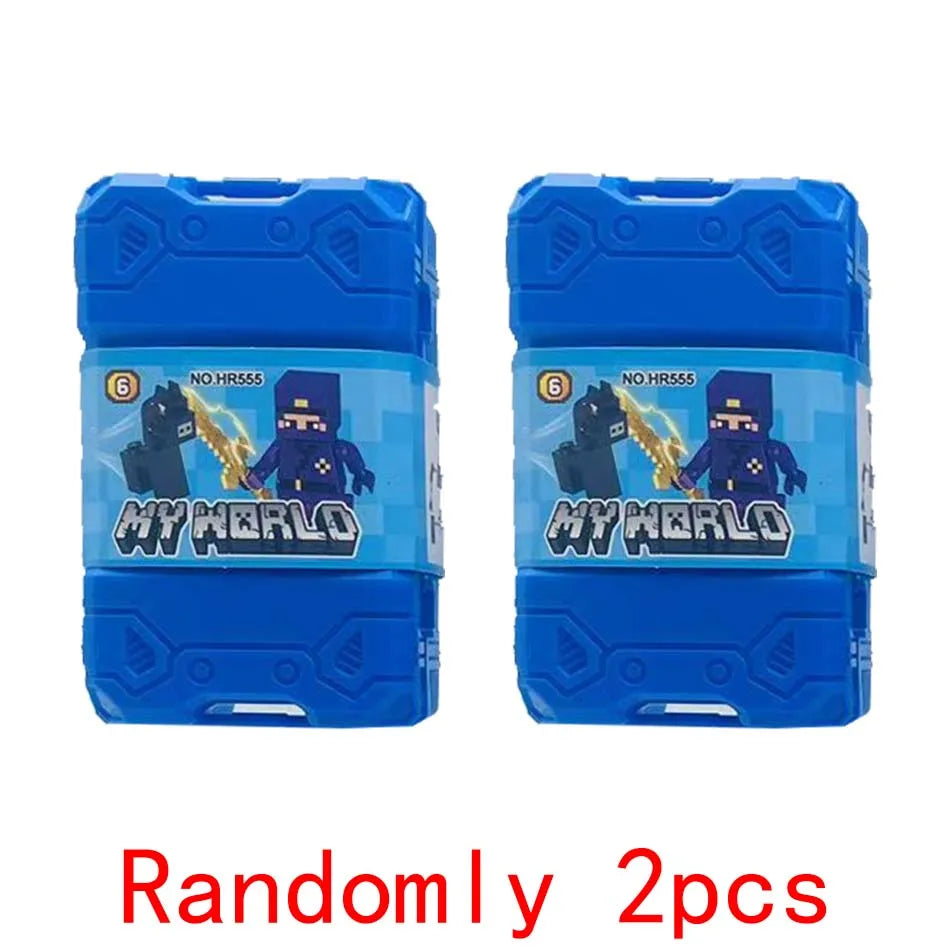Two blue plastic figures of Minecraft Steve with a purple hoodie and black pants.