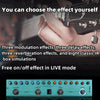 A close-up of a guitar effects pedal showing modulation, delay, reverb, and IR box options on a control panel.