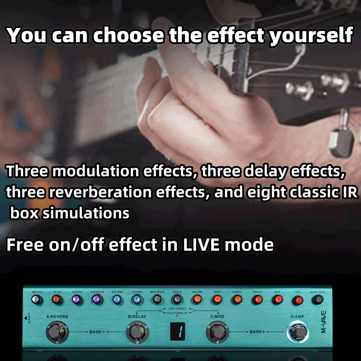 A close-up of a guitar effects pedal showing modulation, delay, reverb, and IR box options on a control panel.
