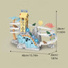 A colorful electric dinosaur race track featuring climbing stairs, a dinosaur figure, and a wooden structure.