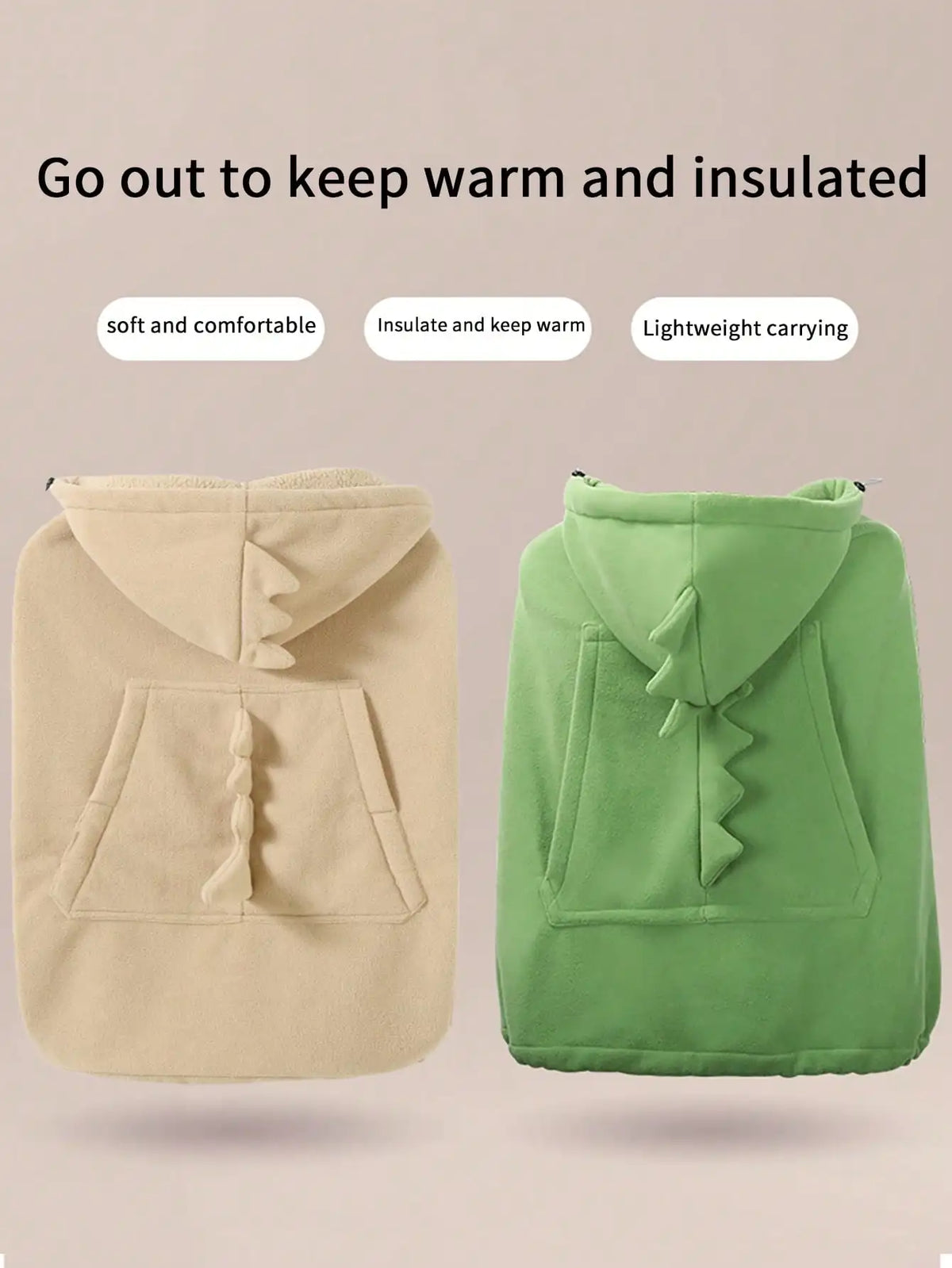 A beige baby windproof cape blanket with a dinosaur design shown in two colors, light green and beige.