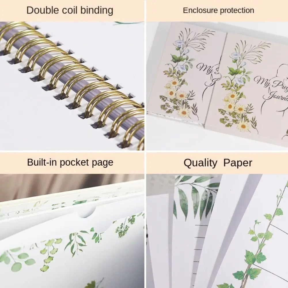 Various views of a pregnancy journey memory book featuring double coil binding, enclosure protection, built-in pocket pages, 