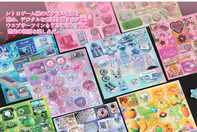 A collection of colorful die-cut stickers featuring Y2K and vintage themes like hearts, stars, and cute characters.