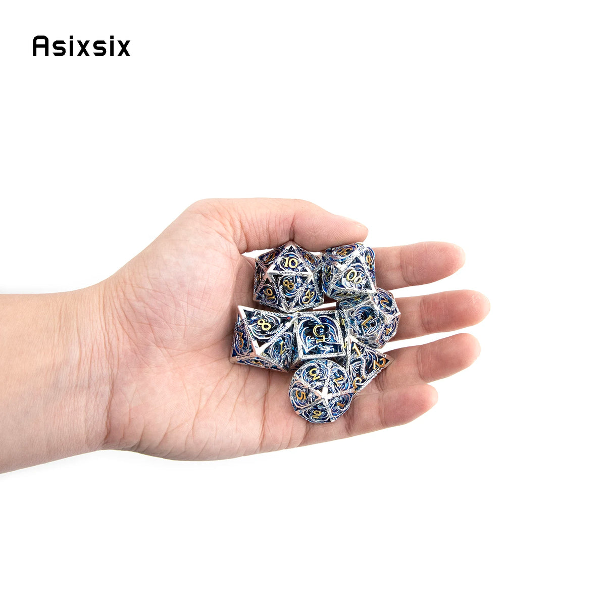 Hollow Metal Polyhedral Dice Set with Blue Dragon Design