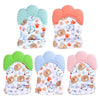 A set of four cartoon baby teething mittens in various pastel colors and patterns for soothing gums
