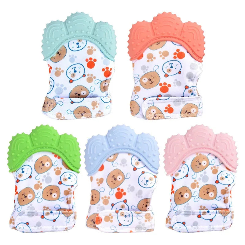 A set of four cartoon baby teething mittens in various pastel colors and patterns for soothing gums