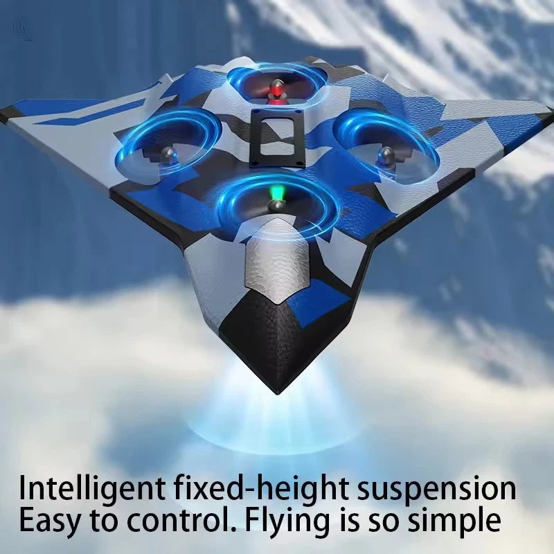 A futuristic, blue and gray stunt glider with LED lights is shown flying against a cloudy sky.
