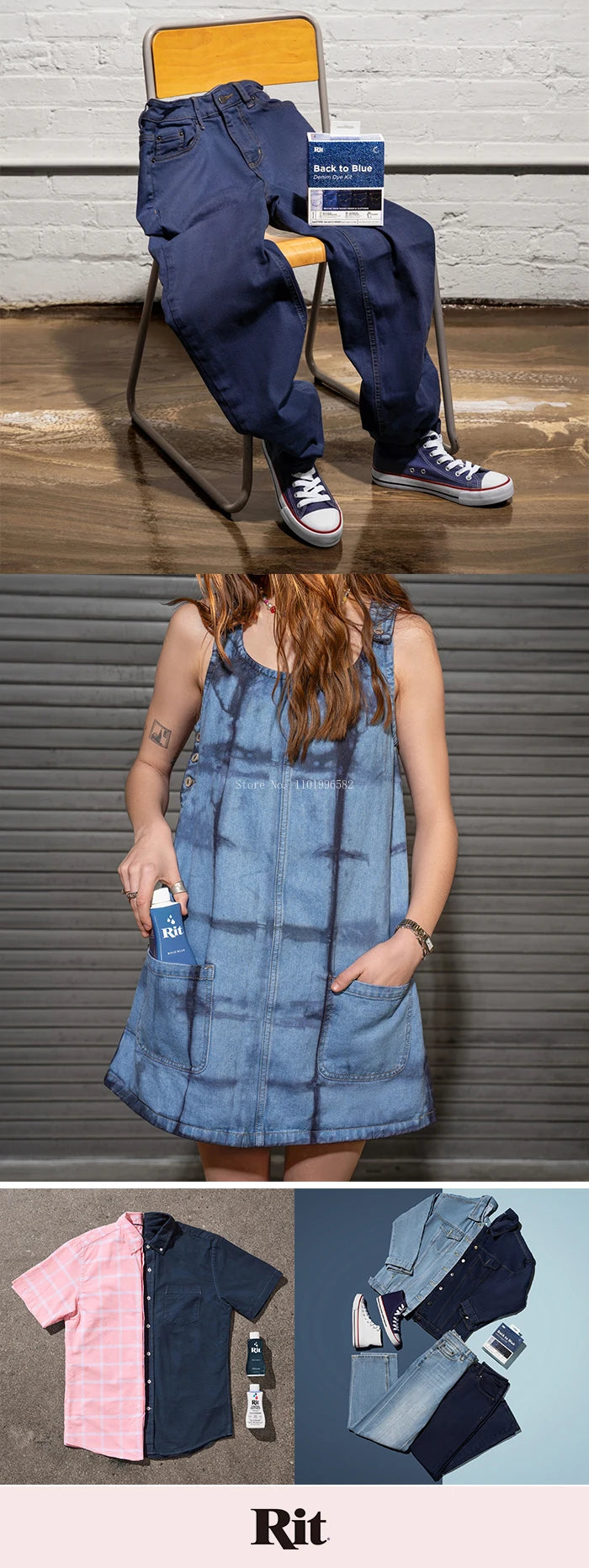 A denim shirt and jeans are displayed next to a liquid fabric dye bottle.