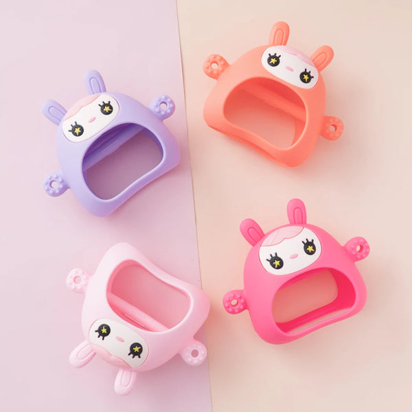 Three silicone teether toys in purple, orange, and pink for babies and kids