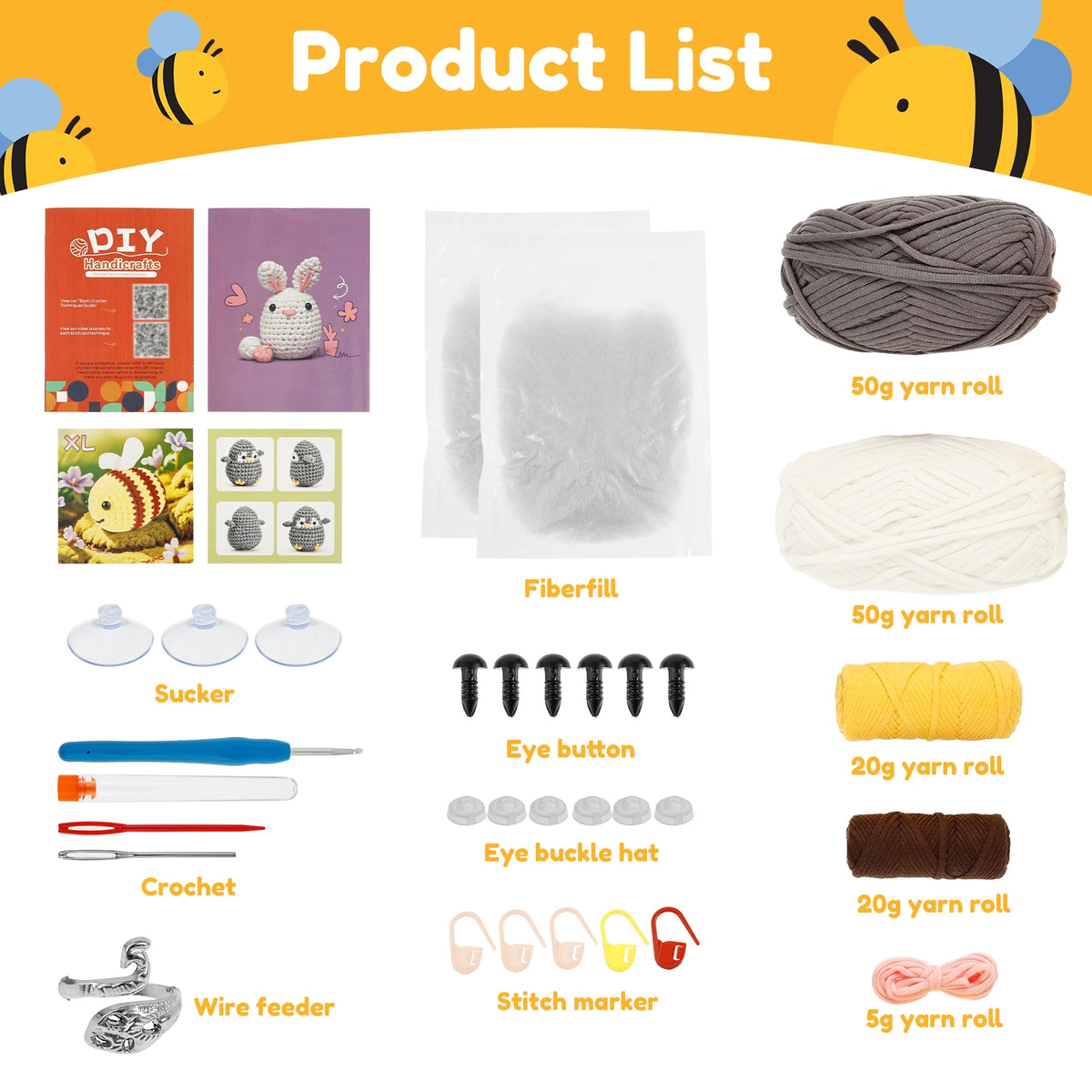 A list of beginner crochet kit components including yarn, buttons, eyelets, and a wire feeder.