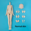 A light beige articulated doll with normal skin features and various hand parts displayed on a blue background.