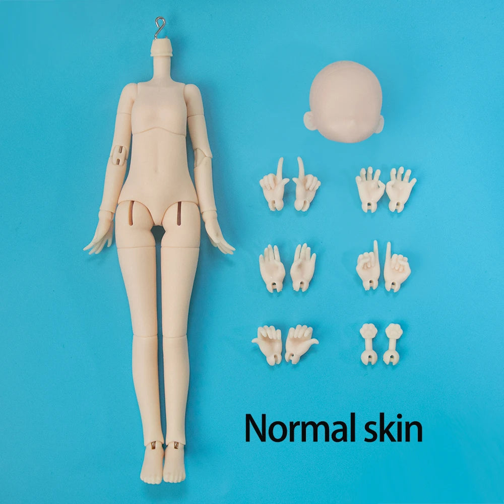 A light beige articulated doll with normal skin features and various hand parts displayed on a blue background.