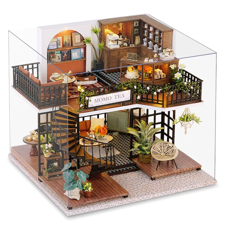 A clear acrylic display of a DIY miniature dollhouse puzzle kit featuring wooden furniture and decorative elements.