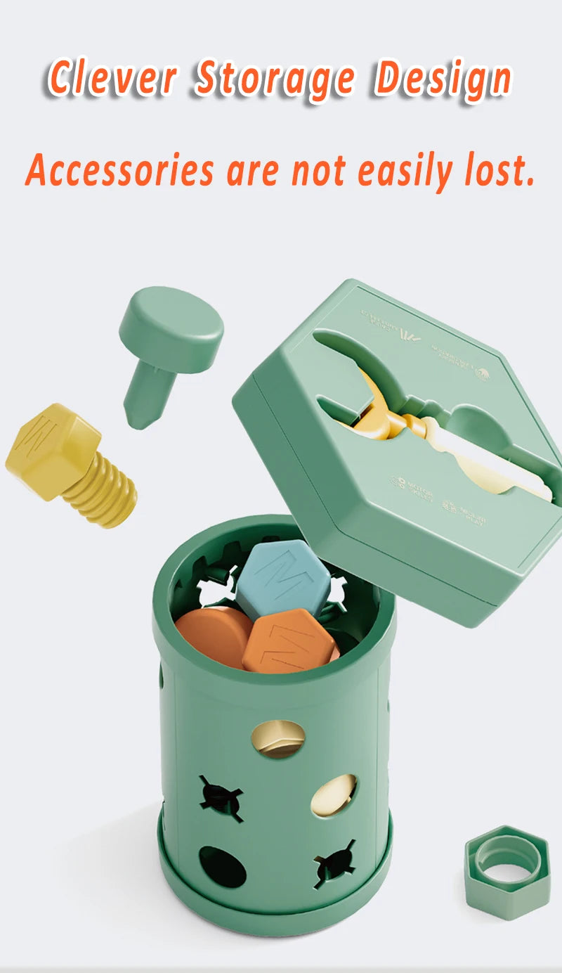 A green Montessori screwdriver board toy with various wooden accessories and a storage box.