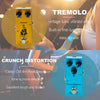 Gelles Tremolo-Effektpedal und blaues Crunch-Distortion-Pedal für E-Gitarren-Effekte.