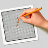 A hand uses an orange pencil to mark a path on a black and white grid, likely for pixel art or coloring.