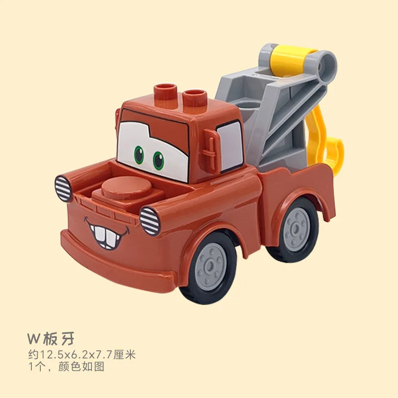 An orange city traffic vehicle and trailer building block set with yellow components.