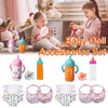 A set of 7 baby doll feeding and care accessories including bottles, pacifiers, and clothing items.