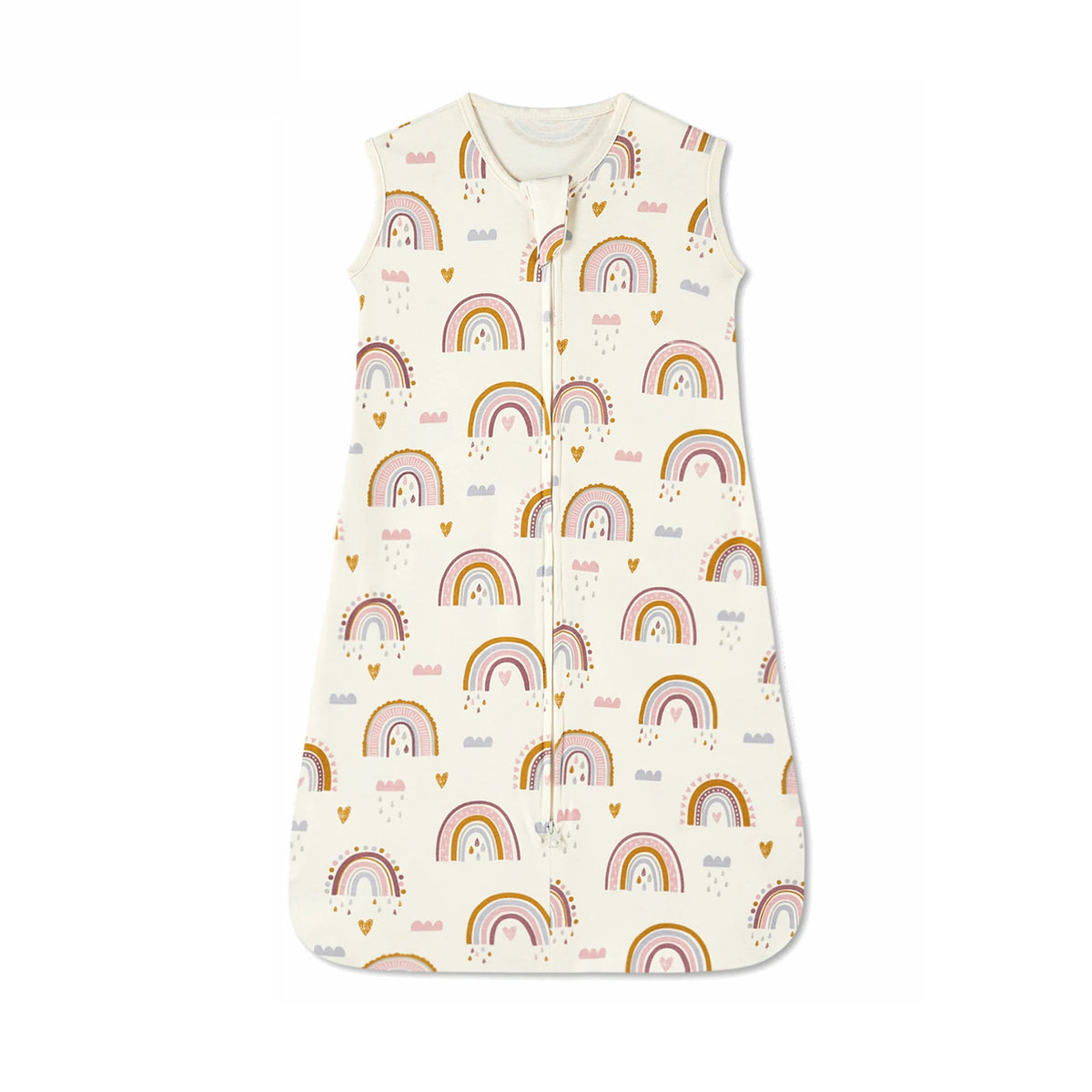 A cream-colored sleeveless baby sleeping bag with a repeating pattern of pastel rainbow motifs.