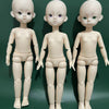 Three pale, articulated BJD dolls with large purple and green eyes standing side by side against a dark green background.
