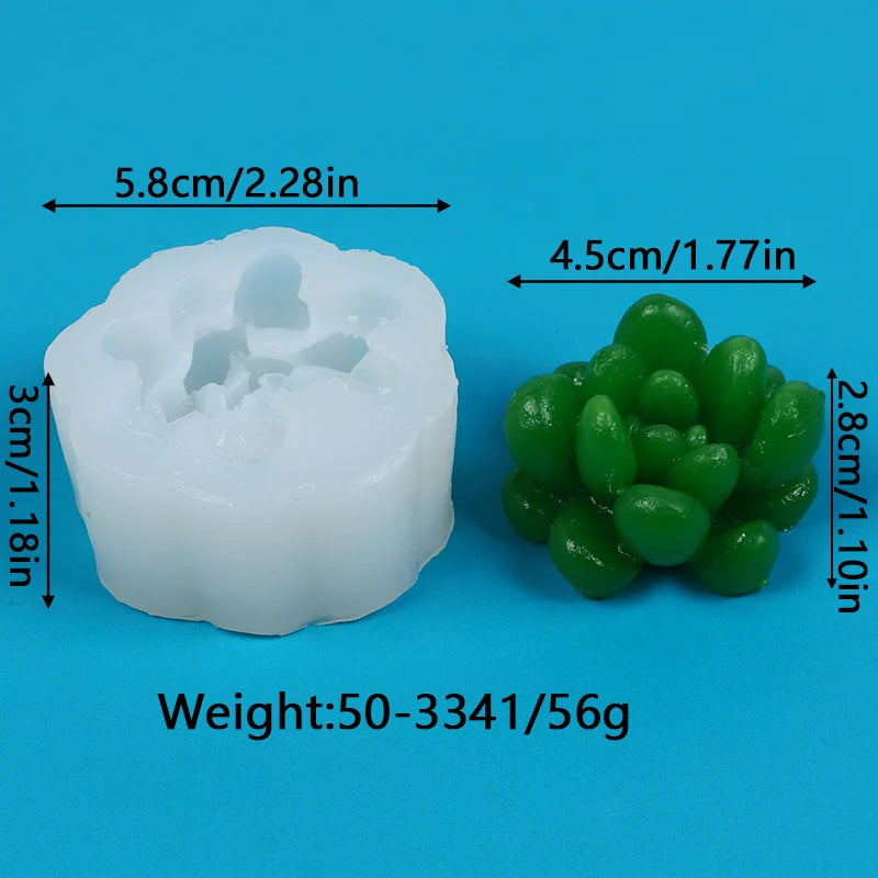 A white silicone mold for making cactus and succulent shapes, shown next to the finished green silicone pieces.