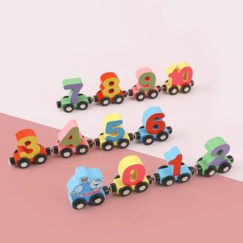 A set of magnetic wooden number train cars showing numbers 7, 8, 9, 10, 3, 4, 5, 6, and 1, arranged in a line.