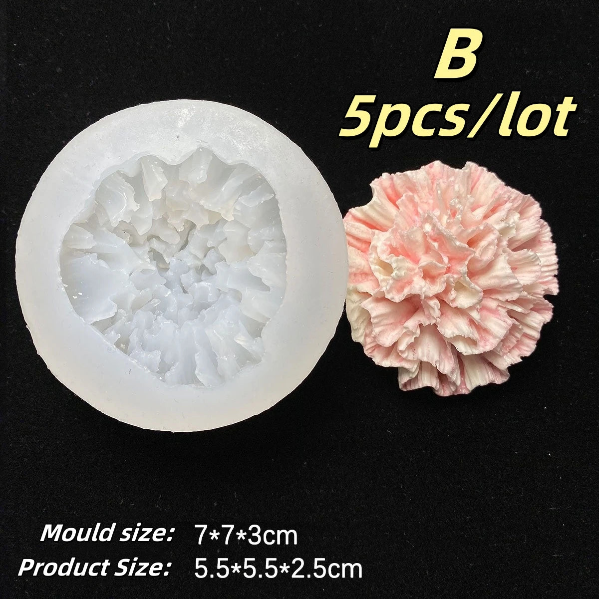 A silicone mold with a floral design is shown next to a pink, ruffled product. 5 pieces per lot.